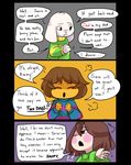  asriel_dreemurr boss_monster caprine chara_(undertale) clothing comic english_text fur goat human long_ears mammal protagonist_(undertale) renrink simple_background stripes text undertale video_games white_fur 