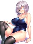  black_legwear blue_eyes blush breasts cleavage competition_school_swimsuit hair_ornament hair_over_one_eye hairclip hamakaze_(kantai_collection) highres huge_breasts kantai_collection looking_at_viewer one-piece_swimsuit school_swimsuit short_hair silver_hair simple_background solo swimsuit thick_thighs thighhighs thighs tsukumiya_amane white_background 