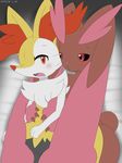  ambiguous_gender anthro blush braixen canine duo lagomorph lopunny lying mammal nintendo on_side open_mouth pok&eacute;mon simple_background spooning video_games winick-lim 