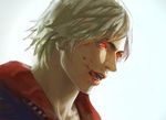  1boy akumey albino blood blood_on_face devil_may_cry devil_may_cry_4 glowing_eyes male_focus nero_(devil_may_cry) open_mouth red_eyes simple_background solo tongue tongue_out white_hair 