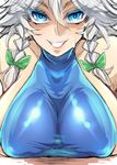  bare_shoulders blue_eyes braid breasts covered_nipples evil_smile grin highres huge_breasts izayoi_sakuya looking_at_viewer silver_hair sleeveless smile solo tajima_yuuki touhou 