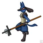  2016 3ds absurd_res ambiguous_gender black_fur blue_fur canine crossover crystal final_fantasy fur gamemaniac hi_res lucario mammal nintendo nude on_one_leg pok&eacute;mon red_eyes simple_background solo square_enix staff standing video_games watermark white_background wood yellow_fur 