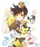  1girl anger_vein animal atobesakunolove bodysuit bomber_jacket brown_hair brown_jacket collarbone crossover dedenne earrings emolga gen_1_pokemon gen_2_pokemon gen_3_pokemon gen_5_pokemon gen_6_pokemon goggles harness heart highres holding holding_animal holding_pokemon jacket jewelry looking_at_viewer minun open_mouth overwatch petting pichu pikachu plusle pokemon pokemon_(creature) pokemon_(game) short_hair simple_background sleeves_folded_up speech_bubble spiked_hair spoken_anger_vein spoken_exclamation_mark spoken_heart tracer_(overwatch) upper_body watermark web_address white_background 