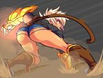  1girl ass average-hanzo belt blazblue blazblue:_chronophantasma boots bullet_(blazblue) dark_skin denim denim_shorts flying_sweatdrops from_behind gauntlet jacket orange_eyes platinum_blonde shiny shiny_hair shiny_skin short_hair short_shorts shorts solo squatting 