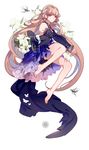  artist_name bangs bare_legs barefoot bird bug butterfly chii chobits detached_sleeves dress flower full_body hair_tubes highres insect inuii lily_(flower) long_hair no_pupils platinum_blonde_hair purple_dress red_eyes robot_ears sleeves_past_wrists solo text_focus very_long_hair white_background 