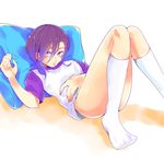  1boy blush bottomless chitosemaru closed_mouth hataraku_maou-sama! kneehighs knees_up looking_at_viewer lying male_focus pillow purple_eyes purple_hair simple_background solo t-shirt urushihara_hanzou white_background white_legwear 