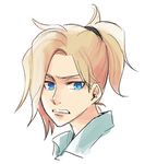 anco_(platanity) blonde_hair blue_eyes collared_shirt disgust face hair_ornament hair_tie lips looking_at_viewer mercy_(overwatch) open_mouth overwatch pink_lips shirt simple_background solo teeth white_background 