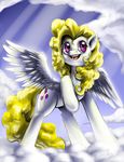  aphexangel blonde_hair cutie_mark day equine feathered_wings feathers female fur hair hooves mammal my_little_pony outside pegasus purple_eyes smile standing surprise_(pre-g4) white_feathers white_fur wings 
