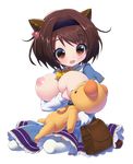  1girl :d areolae bag bow breast_feeding breasts breasts_outside brown_eyes brown_hair chibi dress full_body granblue_fantasy hairband horns large_breasts long_sleeves nipples open_mouth puffy_nipples puffy_sleeves short_hair simple_background sitting smile solo teddy_bear thighhighs transparent_background white_dress white_legwear yaia_(granblue_fantasy) yellow_bow 