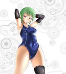  1girl armpits arms_behind_head arms_over_head arms_up artist_request black_legwear blush breasts caladrius cameltoe covered_navel elbow_gloves eleanor_riegl erect_nipples gloves green_hair looking_at_viewer one-piece_swimsuit parted_lips red_eyes shiny shiny_clothes shiny_hair shiny_skin short_hair single_thighhigh solo swimsuit 