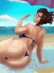  alis_(majalis) arm_support artist_name ass bare_back bare_shoulders beach bikini black-framed_eyewear blue_bikini breasts brown_eyes brown_hair cloud day fanning_face glasses hair_bun hair_ornament hair_stick highres hot huge_ass looking_at_viewer looking_back lying medium_breasts mei_(overwatch) on_side open_mouth outdoors overwatch short_hair sideboob signature skindentation solo sweat swimsuit thick_thighs thighs thong tongue tongue_out umbrella water 