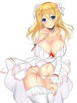  bare_shoulders blonde_hair blue_eyes blush breasts choker cleavage collarbone commentary_request cowboy_shot detached_sleeves flower frilled_legwear garter_belt groin hair_flower hair_ornament juno_(sennen_sensou_aigis) large_breasts leaning_forward long_hair looking_at_viewer navel noeomi panties parted_lips revealing_clothes sennen_sensou_aigis smile solo stomach thighhighs underwear white_background white_legwear white_panties 