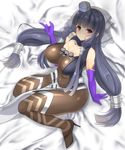  agnes_(sennen_sensou_aigis) arm_support bangs black_hair blunt_bangs blush breasts brown_footwear cleavage closed_mouth commentary_request elbow_gloves full_body gloves high_heels large_breasts loincloth long_hair looking_at_viewer low-tied_long_hair low_twintails noeomi purple_gloves red_eyes sennen_sensou_aigis shoes sitting skin_tight skull smile solo spandex twintails unitard veil very_long_hair 