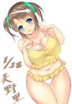  :d adapted_costume bare_shoulders bikini blue_eyes blush breasts brown_hair character_name cleavage collarbone commentary_request cowboy_shot dated frilled_bikini frills green_ribbon groin hair_ribbon large_breasts leaning_forward looking_at_viewer minori_(senran_kagura) navel noeomi open_mouth ribbon senran_kagura senran_kagura_shinovi_versus smile solo stomach swimsuit thigh_gap twintails white_background yellow_bikini 