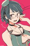  alternate_hair_length alternate_hairstyle bare_shoulders black_hair blush breasts choukai_(kantai_collection) cleavage glasses hat kantai_collection large_breasts mini_hat open_mouth red_eyes remodel_(kantai_collection) short_hair solo twitter_username yukataro 