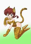  1girl animal_ears bangs blue_eyes braid cat_bell cleavage gloves gradient gradient_background jumping leotard looking_at_viewer open_mouth ranma_1/2 red_hair saotome_ranma short_hair simple_background single_braid solo striped_legwear tail tiger_ears tiger_print tiger_tail 