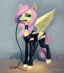  2016 blue_eyes choker clothing dominatrix ear_piercing equine female feral fluttershy_(mlp) friendship_is_magic hair hi_res legwear looking_at_viewer mammal my_little_pony object_in_mouth oneofyouare pegasus piercing pink_hair rubber saddle simple_background solo stirrups tail_wraps thigh_highs whip wings wraps 