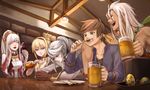  3boys alcohol beer_mug black_choker blonde_hair bottle brown_hair choker cup drinking drinking_glass eating edna_(tales) food hat holding holding_cup kebab kodu5510 lailah_(tales) mikleo_(tales) multiple_boys multiple_girls open_mouth sitting sorey_(tales) tales_of_(series) tales_of_zestiria white_hair wine wine_glass zaveid_(tales) 