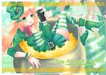  1girl alcohol blonde_hair cauldron clover coin gold_coin green_eyes guinness_(beer) hat leprechaun runawaywithyou saint_patrick&#039;s_day skirt solo striped_legwear thighhighs 