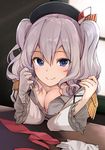  beret blue_eyes breasts cleavage epaulettes frilled_sleeves frills gloves grey_eyes hat kantai_collection kashima_(kantai_collection) large_breasts looking_at_viewer max_melon military military_uniform revision sidelocks silver_hair single_glove smile solo tsurime twintails uniform wavy_hair white_gloves 