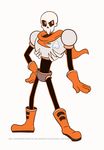  animated animated_gif armor atomi-cat boots bouncing gloves hand_on_hip heart male_focus mystery_skulls papyrus_(undertale) parody red_eyes scarf simple_background skeleton solo standing style_parody undertale uneven_eyes watermark web_address white_background 
