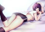  1girl artist_name ass black_legwear black_shorts blue_eyes blush breasts cropped_shirt eyelashes foot_up hand_on_own_head kneehighs leg_up lying on_bed on_stomach original parted_lips purple_hair red_lips ruzi shirt short_hair short_sleeves shorts solo thighs underboob white_shirt 