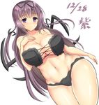  adapted_costume bare_shoulders bikini black_bikini black_ribbon blush breasts character_name cleavage closed_mouth collarbone commentary_request cowboy_shot dated groin hair_ribbon large_breasts long_hair looking_at_viewer murasaki_(senran_kagura) navel noeomi purple_eyes purple_hair ribbon senran_kagura senran_kagura_shinovi_versus solo stomach swimsuit very_long_hair white_background 