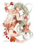  bandaid bangs bow cake cup food frilled_legwear frilled_skirt frills fruit full_body green_eyes green_hair hair_ornament hair_scrunchie hatsune_miku highres kneehighs long_hair long_sleeves lots_of_laugh_(vocaloid) nail_polish pink_bow pink_neckwear pink_ribbon pink_skirt raspberry ribbon sailor_collar school_uniform scrunchie serafuku skirt socks solo stuffed_animal stuffed_bunny stuffed_toy teacup twice12314 twintails twitter_username very_long_hair vocaloid wavy_hair white_background white_scrunchie 