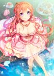  breasts cleavage crown cup dress elbow_gloves food gloves highres jewelry large_breasts long_hair mini_crown murakami_yuichi necklace original petals pink_hair purple_eyes ripples smile soaking_feet solo tea teacup tiered_tray very_long_hair wading water 