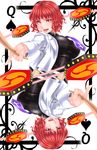  black_shirt blouse breasts card card_(medium) commentary_request drum drum_set drumsticks highres horikawa_raiko instrument large_breasts multiple_views necktie open_clothes open_mouth open_shirt patterned_clothing playing_card pointing polo_shirt red_eyes red_hair shirt spade_(shape) touhou white_blouse white_shirt yoiti 