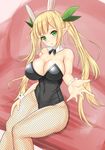  :o animal_ears bare_shoulders blonde_hair blush breasts bunny_ears bunnysuit cleavage commentary_request covered_navel detached_collar elf fake_animal_ears fishnet_pantyhose fishnets foreshortening green_eyes green_ribbon hair_ribbon head_tilt large_breasts leotard long_hair looking_at_viewer noeomi pantyhose pointy_ears ribbon sennen_sensou_aigis shiny shiny_skin sitting solo spica_(sennen_sensou_aigis) twintails wrist_cuffs 