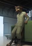 4_toes 5_fingers anthro blue_eyes canine clothed clothing day digitigrade dog fur grey_hair grey_nose hair inside male mammal monds smile solo standing toes 