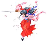  absurdres black_hair bow brown_eyes cherry_blossoms fingerless_gloves fujishima_kousuke gloves hair_bow hakama highres japanese_clothes katana long_hair object_namesake official_art petals ponytail red_bow red_hakama sakura_taisen sheath shinguuji_sakura solo sword traditional_media weapon 