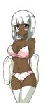  1girl bangs blunt_bangs blush breasts cleavage cropped_legs dark_skin edited large_breasts looking_at_viewer navel short_hair simple_background solo standing thighhighs transparent_background white_hair white_legwear 