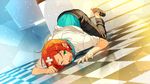  aoi_yuuta bandaid blush checkered checkered_floor dutch_angle ensemble_stars! green_eyes headphones headphones_around_neck looking_at_viewer male_focus official_art one_eye_closed open_mouth orange_hair solo sparkle tearing_up top-down_bottom-up 