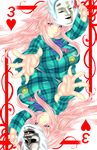  breasts buttons card card_(medium) commentary_request expressionless fingernails hands hata_no_kokoro highres large_breasts long_hair looking_at_viewer mask multiple_views noh_mask pink_eyes pink_hair plaid plaid_shirt playing_card shirt sidelocks touhou yoiti 