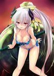  bell bikini blush bow breasts cleavage fate/grand_order fate_(series) hair_bow horns kiyohime_(fate/grand_order) kiyohime_(swimsuit_lancer)_(fate) large_breasts long_hair naginata open_mouth polearm ponytail red_eyes sen_(astronomy) silver_hair sitting solo spear swimsuit very_long_hair weapon 