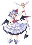  adapted_costume anarogumaaa ascot blue_hair brooch cardcaptor_sakura demon_tail demon_wings fang frills full_body hat hoshi_no_tsue jewelry mob_cap open_mouth parody red_eyes remilia_scarlet rod sleeveless solo tail touhou white_background wings 