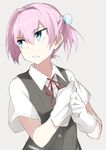  adjusting_clothes adjusting_gloves bangs black_vest blue_eyes buttons collared_shirt eyebrows_visible_through_hair gloves hair_between_eyes hair_intakes hair_ornament kantai_collection looking_back neck_ribbon open_mouth pink_hair red_neckwear red_ribbon ribbon shiranui_(kantai_collection) shirt short_hair short_ponytail short_sleeves silver_background simple_background solo souji tsurime upper_body vest white_gloves white_shirt 