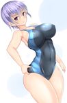  :o armpits bare_shoulders blush breasts cleavage commentary_request competition_swimsuit covered_navel covered_nipples cowboy_shot large_breasts leona_(sennen_sensou_aigis) looking_at_viewer noeomi one-piece_swimsuit purple_eyes purple_hair sennen_sensou_aigis short_hair sideboob solo swimsuit v-shaped_eyebrows 
