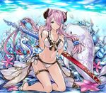  alternate_costume alternate_hairstyle bikini blue_eyes breasts cleavage demon_horns draph floating_hair full_body granblue_fantasy hair_ornament hair_over_one_eye high_heels horns hourainingyou katana large_breasts lavender_hair long_hair long_legs looking_at_viewer low_twintails narmaya_(granblue_fantasy) pointy_ears sandals sheath sitting smile solo stomach swimsuit sword thigh_strap twintails weapon white_bikini 