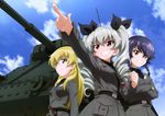  absurdres anchovy anzio_military_uniform belt black_hair black_shirt blonde_hair braid brown_eyes carpaccio carro_armato_p40 cloud cloudy_sky crossed_arms day dress_shirt drill_hair girls_und_panzer green_eyes green_hair grey_jacket grin ground_vehicle hair_ribbon highres jacket knife long_hair long_sleeves military military_uniform military_vehicle motor_vehicle multiple_girls necktie official_art pepperoni_(girls_und_panzer) pointing red_eyes ribbon shirt short_hair shoulder_belt side_braid sky smile standing tank twin_drills twintails uniform upper_body 