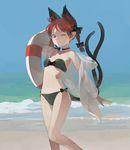  ahoge animal_ears arm_behind_head arm_up beach bikini black_bow bow braid cat_ears cat_tail choker green_bikini hair_ribbon kaenbyou_rin lifebuoy looking_at_viewer multiple_tails navel one_eye_closed open_clothes open_shirt pose red_eyes red_hair ribbon see-through shihou_(g-o-s) shirt solo strapless strapless_bikini swimsuit tail touhou tress_ribbon twin_braids two_tails waves 