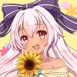  :d blush bow character_request dark_skin eyebrows eyebrows_visible_through_hair floral_background flower hair_between_eyes hair_bow holding holding_flower long_hair mireille_lerner open_mouth pink_hair red_eyes shironeko_project smile solo sunameri_(pixiv3564245) sunflower teeth upper_body 