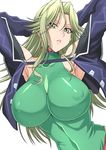  armpits arms_behind_head arms_up bare_shoulders breasts collar commentary_request covered_navel covered_nipples green_eyes green_hair highres lamia_loveless large_breasts long_hair looking_at_viewer shunzou simple_background solo super_robot_wars super_robot_wars_original_generation upper_body white_background 