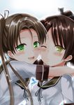  ayanami_(kantai_collection) bright_background brown_eyes brown_hair green_eyes hair_ribbon hug kantai_collection long_hair looking_at_viewer multiple_girls one_eye_closed open_mouth ponytail ribbon school_uniform serafuku shikinami_(kantai_collection) short_hair short_sleeves side_ponytail smile tatsuno_(saya-tatsuno) teeth upper_body 