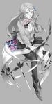  arrow bow_(weapon) caligula_(game) floral_print flower full_body hair_flower hair_ornament haruno14 highres kashiwaba_kotono long_hair monochrome pantyhose school_uniform smile solo spot_color weapon 