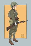  arisaka backpack bag bayonet belt between_breasts bolt_action boots braid breasts brown_eyes flower full_body gun helmet highres imperial_japanese_army military military_uniform original pouch profile rifle sino_(mechanized_gallery) solo standing strap_cleavage twin_braids type_38_carbine uniform weapon world_war_ii 