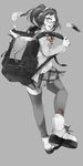  :d backpack bag caligula_(game) floral_print flower full_body glasses haruno14 headphones highres monochrome morita_naruko open_mouth school_uniform short_twintails skirt smile solo spot_color thighhighs torn_clothes twintails zettai_ryouiki 