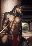  absurd_res anthro black_fur black_nose brown_fur canine clothed clothing collar detailed detailed_background fluffy fluffy_tail fur hi_res inner_ear_fluff male mammal midriff navel nipples orphen-sirius solo standing topless wildering wolf 
